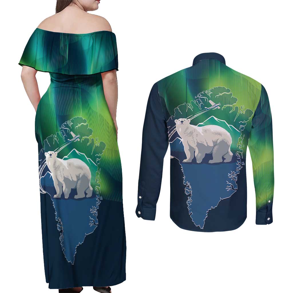 Greenland Is Not For Sale Couples Matching Off Shoulder Maxi Dress and Long Sleeve Button Shirt Arctic Aurora Borealis