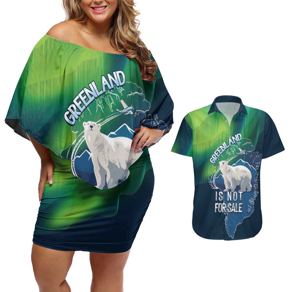 Greenland Is Not For Sale Couples Matching Off Shoulder Short Dress and Hawaiian Shirt Arctic Aurora Borealis