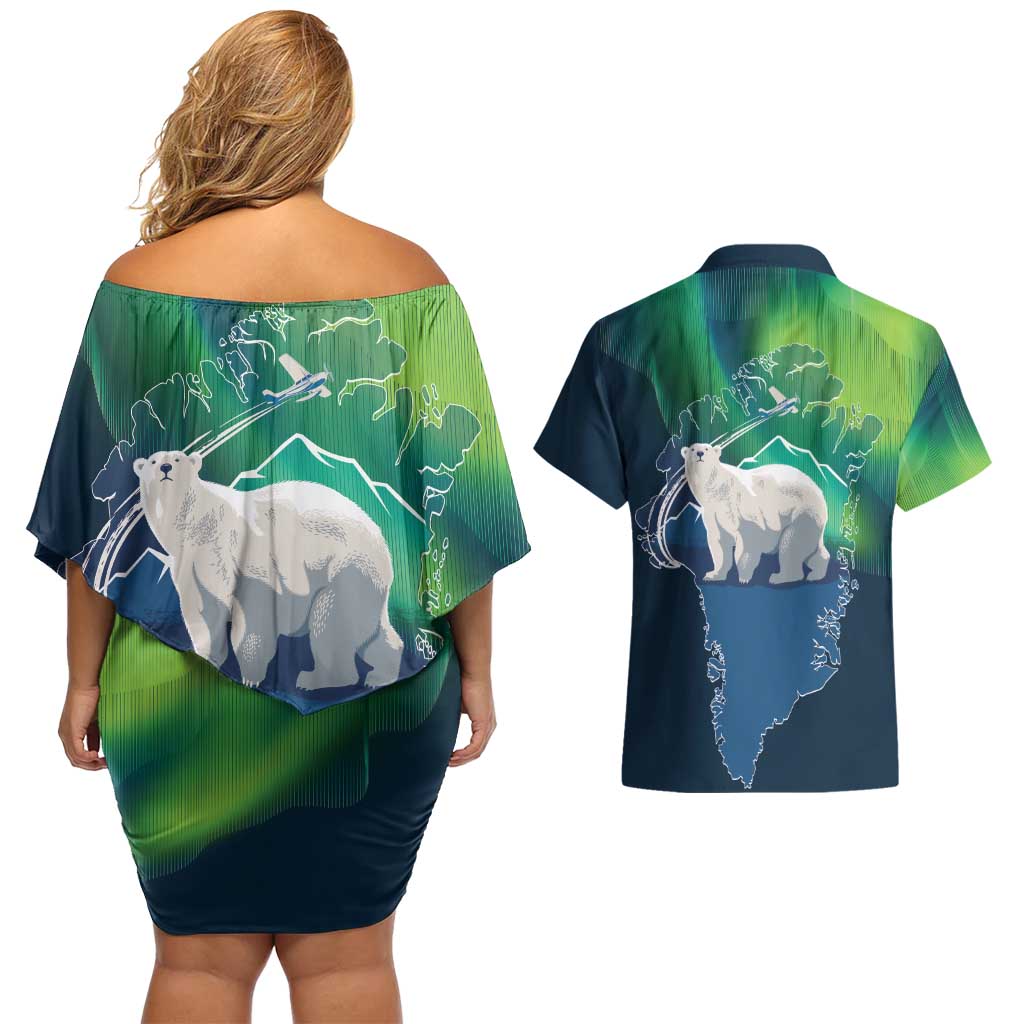Greenland Is Not For Sale Couples Matching Off Shoulder Short Dress and Hawaiian Shirt Arctic Aurora Borealis
