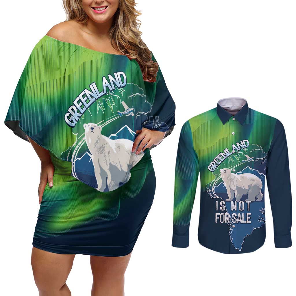 Greenland Is Not For Sale Couples Matching Off Shoulder Short Dress and Long Sleeve Button Shirt Arctic Aurora Borealis