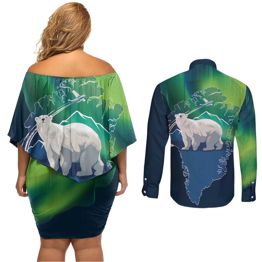 Greenland Is Not For Sale Couples Matching Off Shoulder Short Dress and Long Sleeve Button Shirt Arctic Aurora Borealis