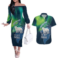 Greenland Is Not For Sale Couples Matching Off The Shoulder Long Sleeve Dress and Hawaiian Shirt Arctic Aurora Borealis
