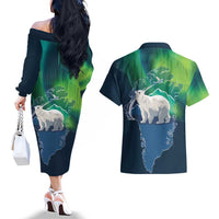 Greenland Is Not For Sale Couples Matching Off The Shoulder Long Sleeve Dress and Hawaiian Shirt Arctic Aurora Borealis