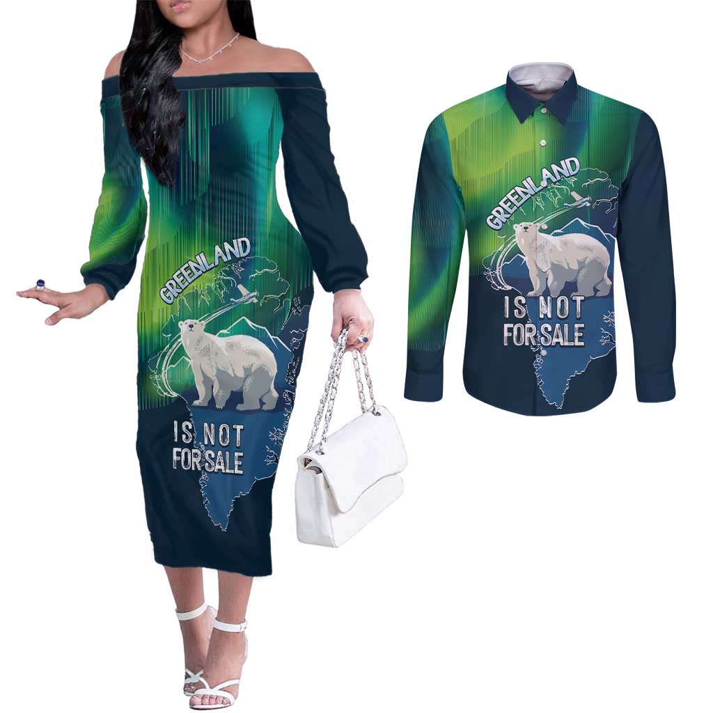 Greenland Is Not For Sale Couples Matching Off The Shoulder Long Sleeve Dress and Long Sleeve Button Shirt Arctic Aurora Borealis