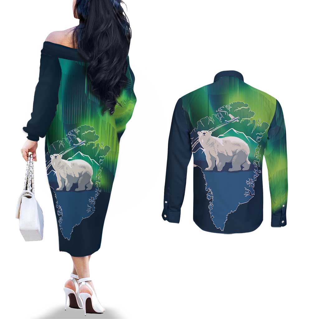 Greenland Is Not For Sale Couples Matching Off The Shoulder Long Sleeve Dress and Long Sleeve Button Shirt Arctic Aurora Borealis
