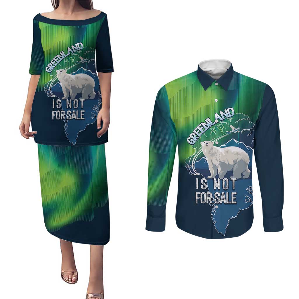 Greenland Is Not For Sale Couples Matching Puletasi and Long Sleeve Button Shirt Arctic Aurora Borealis