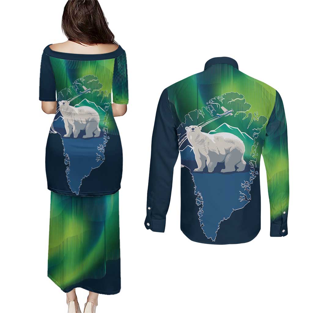 Greenland Is Not For Sale Couples Matching Puletasi and Long Sleeve Button Shirt Arctic Aurora Borealis