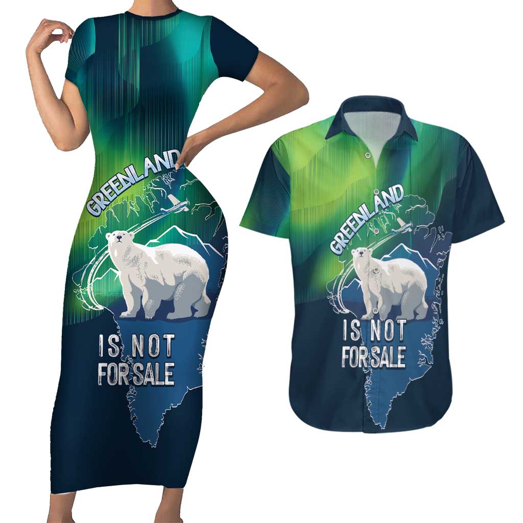 Greenland Is Not For Sale Couples Matching Short Sleeve Bodycon Dress and Hawaiian Shirt Arctic Aurora Borealis