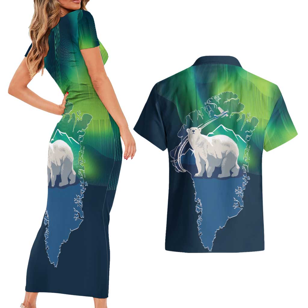 Greenland Is Not For Sale Couples Matching Short Sleeve Bodycon Dress and Hawaiian Shirt Arctic Aurora Borealis