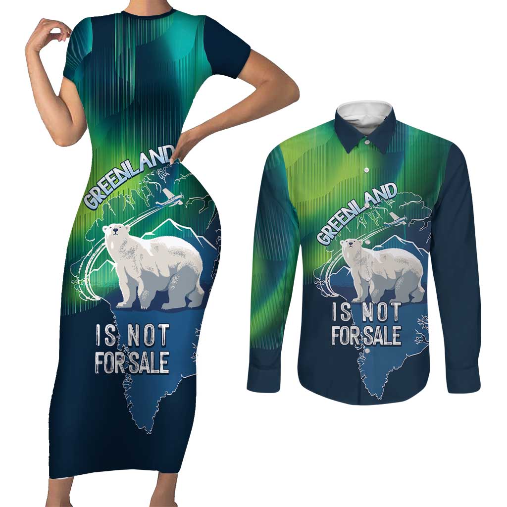 Greenland Is Not For Sale Couples Matching Short Sleeve Bodycon Dress and Long Sleeve Button Shirt Arctic Aurora Borealis
