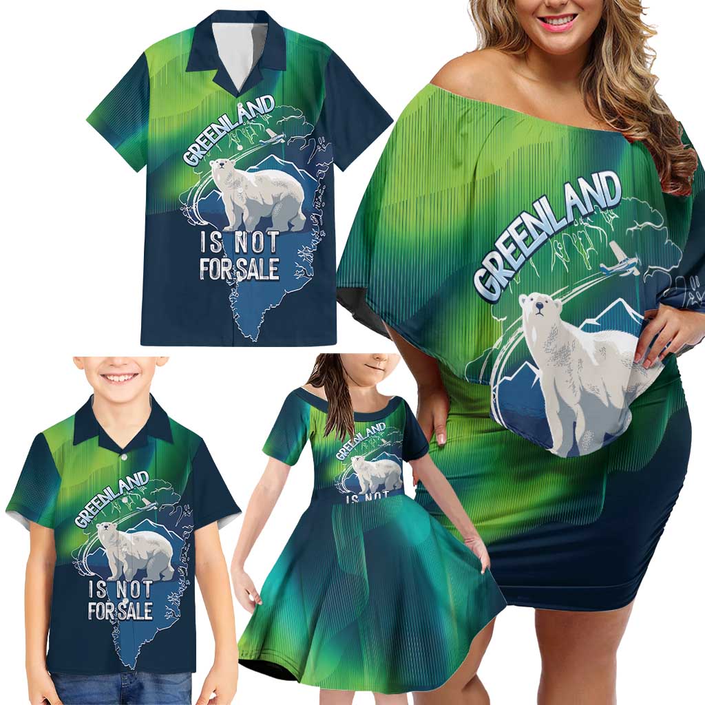 Greenland Is Not For Sale Family Matching Off Shoulder Short Dress and Hawaiian Shirt Arctic Aurora Borealis