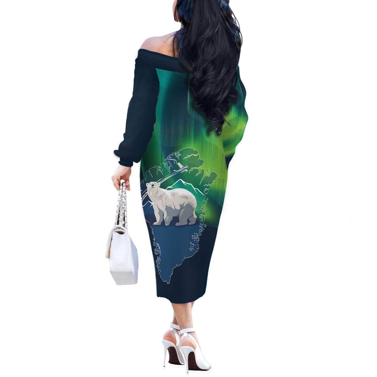 Greenland Is Not For Sale Off The Shoulder Long Sleeve Dress Arctic Aurora Borealis