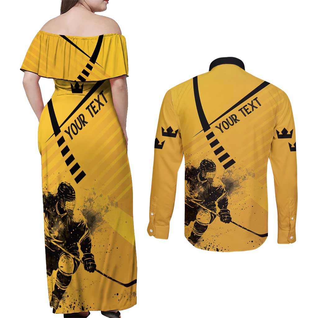 Sweden Ice Hockey Personalized Couples Matching Off Shoulder Maxi Dress and Long Sleeve Button Shirt Tre Kronor - GO Sweden