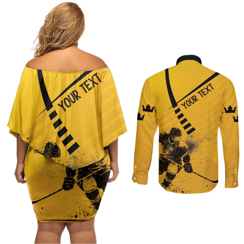 Sweden Ice Hockey Personalized Couples Matching Off Shoulder Short Dress and Long Sleeve Button Shirt Tre Kronor - GO Sweden