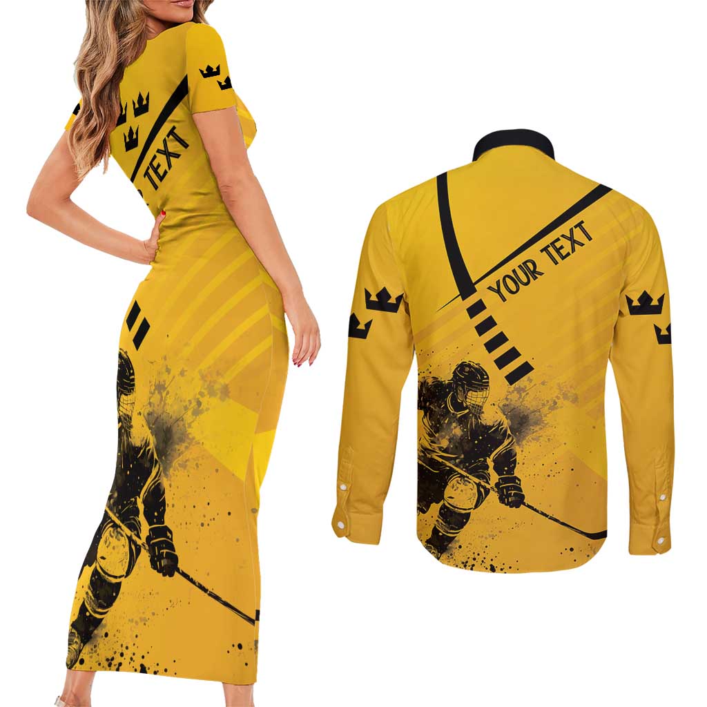 Sweden Ice Hockey Personalized Couples Matching Short Sleeve Bodycon Dress and Long Sleeve Button Shirt Tre Kronor - GO Sweden