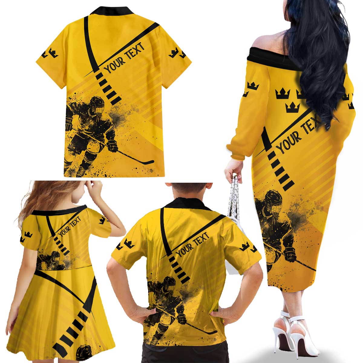Sweden Ice Hockey Personalized Family Matching Off The Shoulder Long Sleeve Dress and Hawaiian Shirt Tre Kronor - GO Sweden