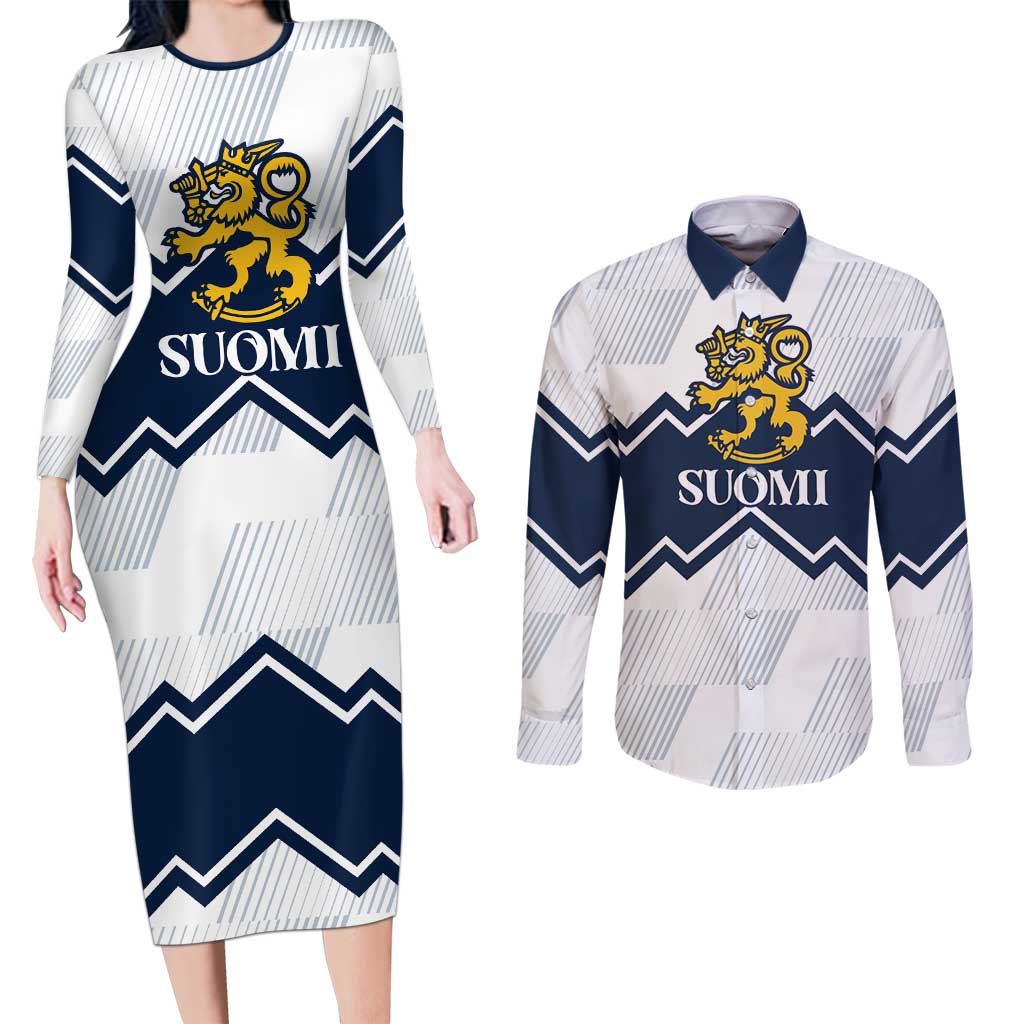 Suomi Ice Hockey Custom Couples Matching Long Sleeve Bodycon Dress and Long Sleeve Button Shirt Scandinavian Mountains Inspired