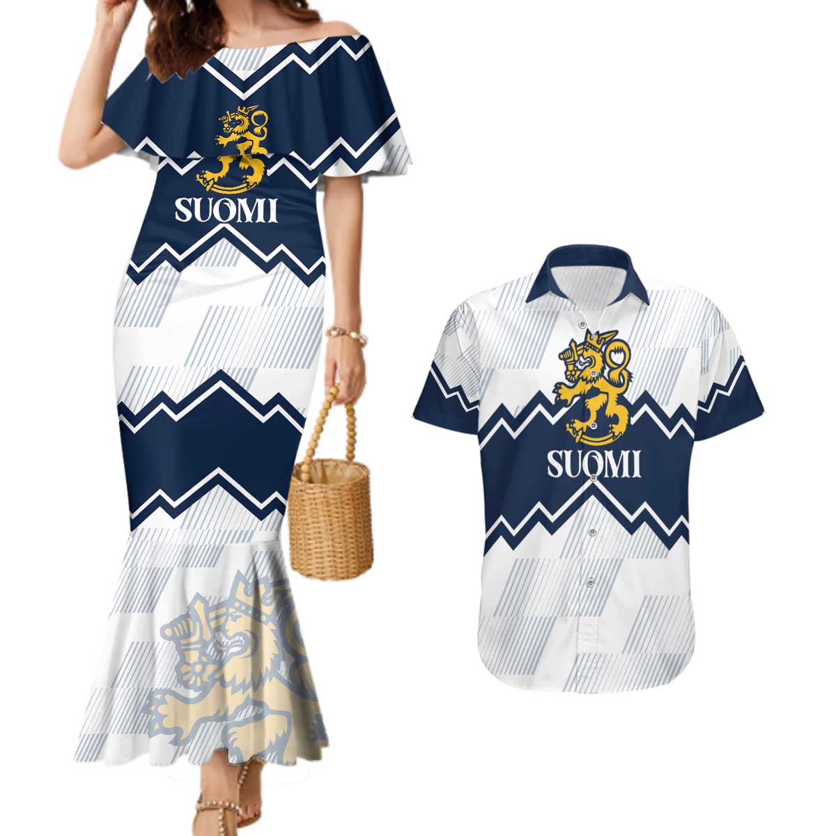 Suomi Ice Hockey Custom Couples Matching Mermaid Dress and Hawaiian Shirt Scandinavian Mountains Inspired