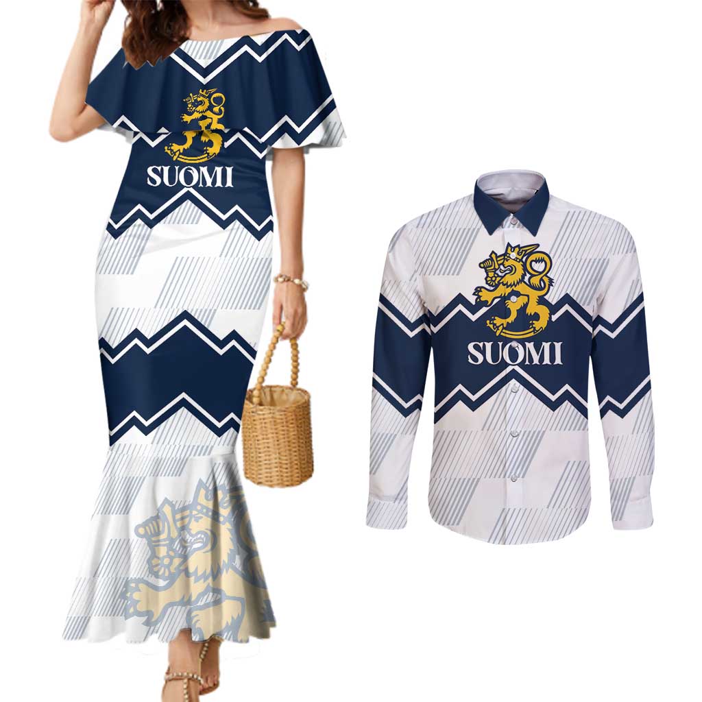 Suomi Ice Hockey Custom Couples Matching Mermaid Dress and Long Sleeve Button Shirt Scandinavian Mountains Inspired