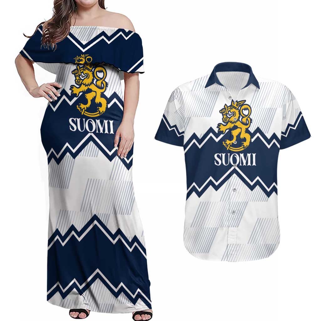 Suomi Ice Hockey Custom Couples Matching Off Shoulder Maxi Dress and Hawaiian Shirt Scandinavian Mountains Inspired