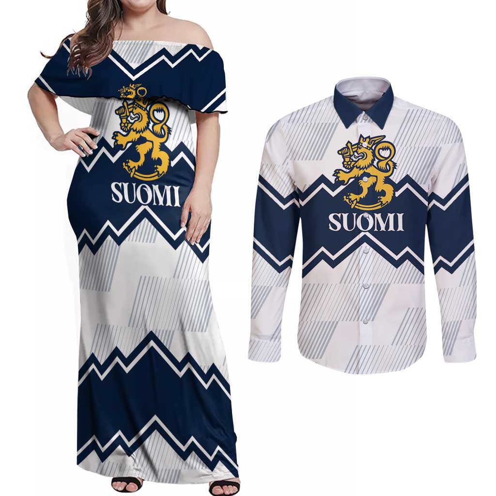 Suomi Ice Hockey Custom Couples Matching Off Shoulder Maxi Dress and Long Sleeve Button Shirt Scandinavian Mountains Inspired