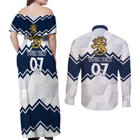Suomi Ice Hockey Custom Couples Matching Off Shoulder Maxi Dress and Long Sleeve Button Shirt Scandinavian Mountains Inspired