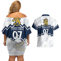 Suomi Ice Hockey Custom Couples Matching Off Shoulder Short Dress and Hawaiian Shirt Scandinavian Mountains Inspired