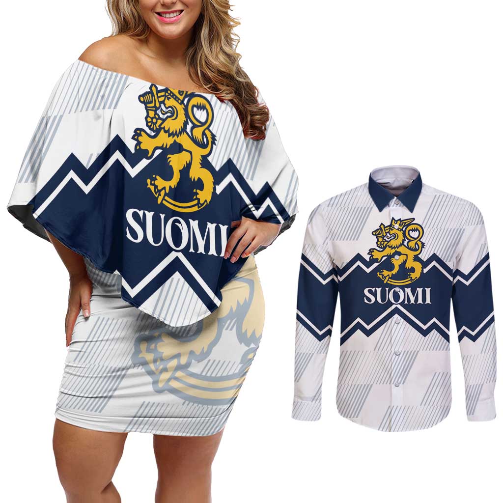 Suomi Ice Hockey Custom Couples Matching Off Shoulder Short Dress and Long Sleeve Button Shirt Scandinavian Mountains Inspired