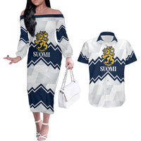 Suomi Ice Hockey Custom Couples Matching Off The Shoulder Long Sleeve Dress and Hawaiian Shirt Scandinavian Mountains Inspired