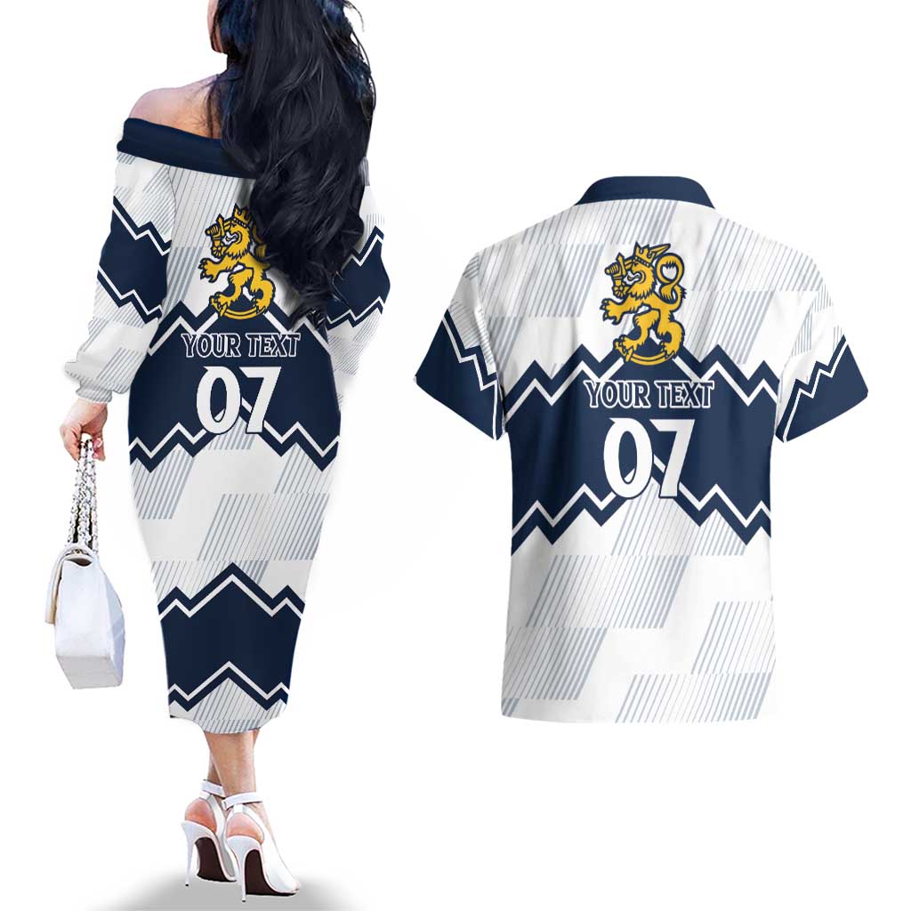 Suomi Ice Hockey Custom Couples Matching Off The Shoulder Long Sleeve Dress and Hawaiian Shirt Scandinavian Mountains Inspired