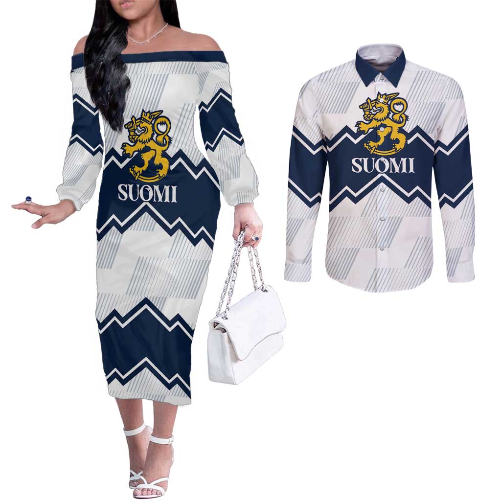 Suomi Ice Hockey Custom Couples Matching Off The Shoulder Long Sleeve Dress and Long Sleeve Button Shirt Scandinavian Mountains Inspired