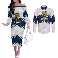 Suomi Ice Hockey Custom Couples Matching Off The Shoulder Long Sleeve Dress and Long Sleeve Button Shirt Scandinavian Mountains Inspired
