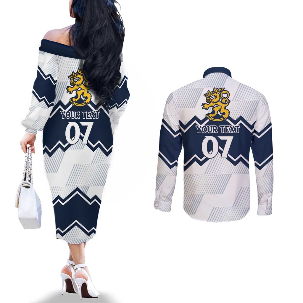 Suomi Ice Hockey Custom Couples Matching Off The Shoulder Long Sleeve Dress and Long Sleeve Button Shirt Scandinavian Mountains Inspired