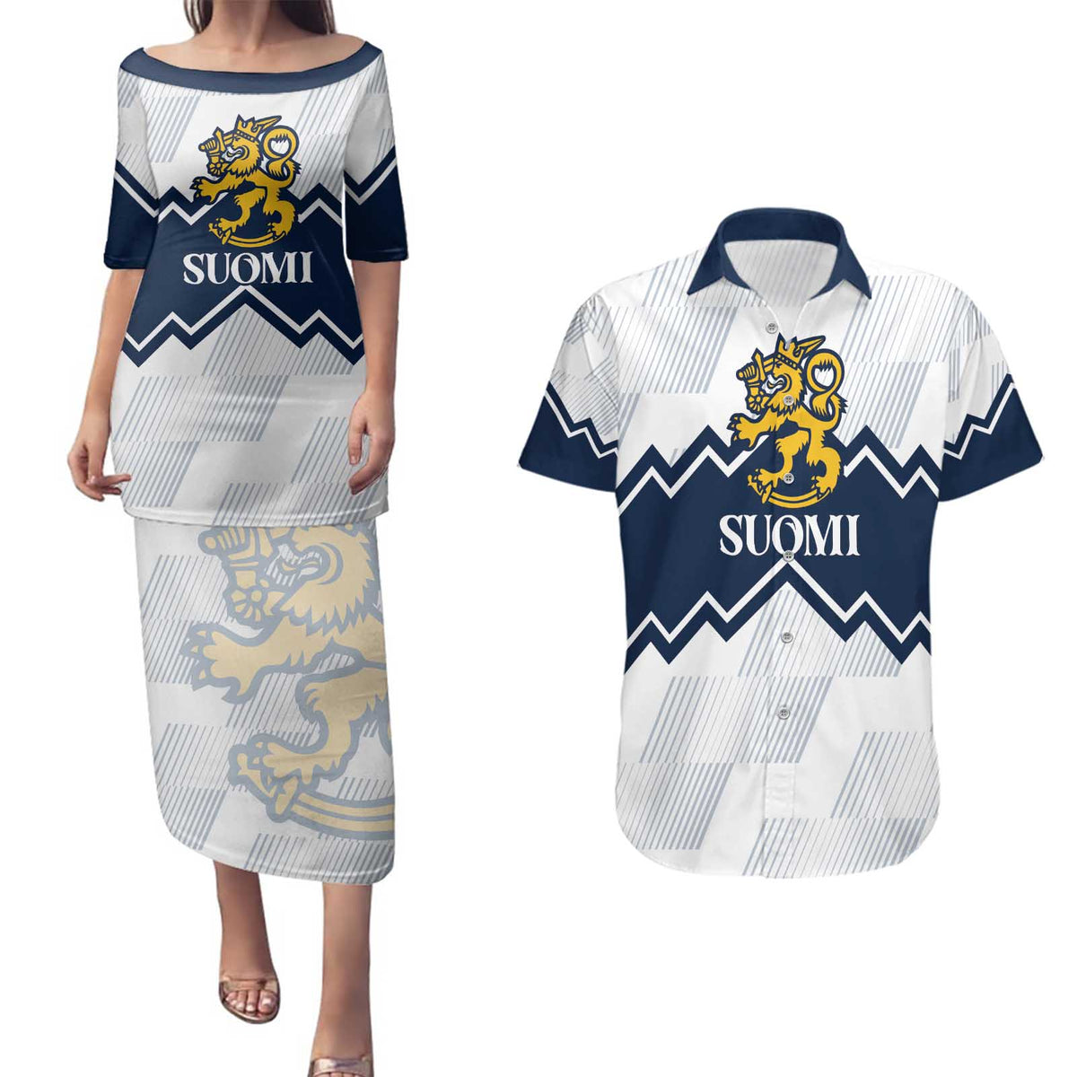 Suomi Ice Hockey Custom Couples Matching Puletasi and Hawaiian Shirt Scandinavian Mountains Inspired