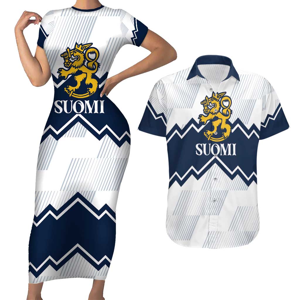 Suomi Ice Hockey Custom Couples Matching Short Sleeve Bodycon Dress and Hawaiian Shirt Scandinavian Mountains Inspired