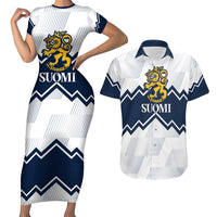 Suomi Ice Hockey Custom Couples Matching Short Sleeve Bodycon Dress and Hawaiian Shirt Scandinavian Mountains Inspired