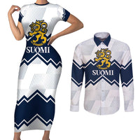 Suomi Ice Hockey Custom Couples Matching Short Sleeve Bodycon Dress and Long Sleeve Button Shirt Scandinavian Mountains Inspired