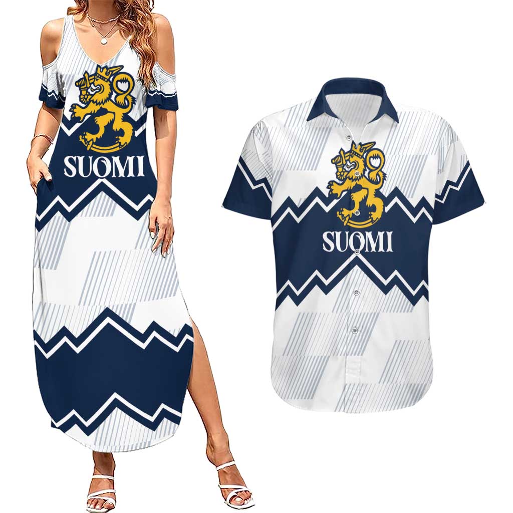 Suomi Ice Hockey Custom Couples Matching Summer Maxi Dress and Hawaiian Shirt Scandinavian Mountains Inspired