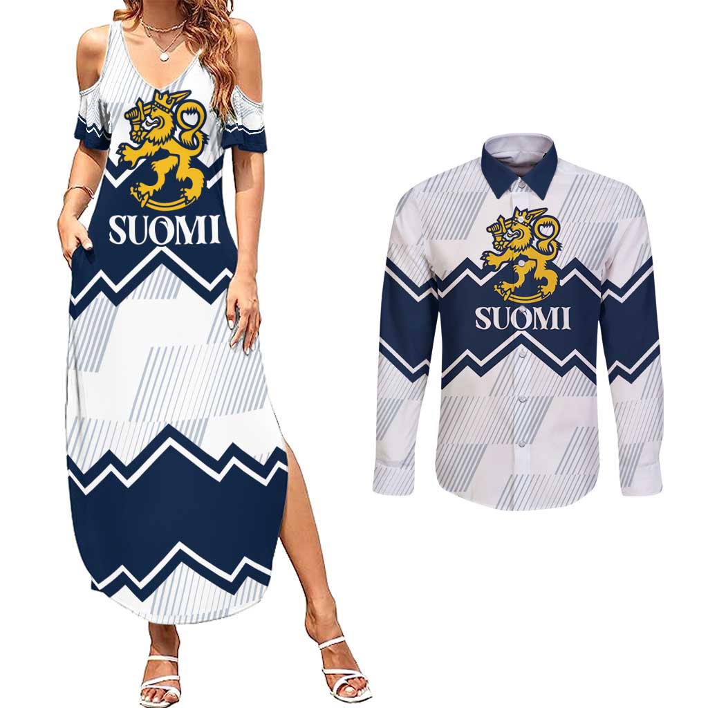 Suomi Ice Hockey Custom Couples Matching Summer Maxi Dress and Long Sleeve Button Shirt Scandinavian Mountains Inspired