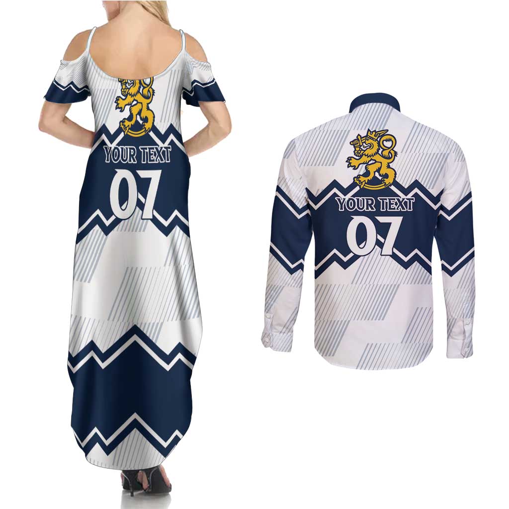 Suomi Ice Hockey Custom Couples Matching Summer Maxi Dress and Long Sleeve Button Shirt Scandinavian Mountains Inspired