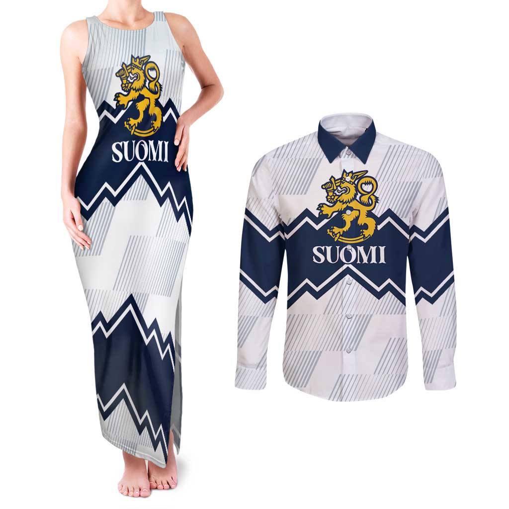 Suomi Ice Hockey Custom Couples Matching Tank Maxi Dress and Long Sleeve Button Shirt Scandinavian Mountains Inspired