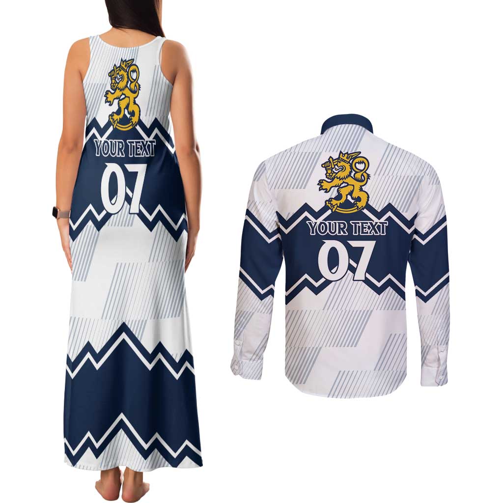 Suomi Ice Hockey Custom Couples Matching Tank Maxi Dress and Long Sleeve Button Shirt Scandinavian Mountains Inspired