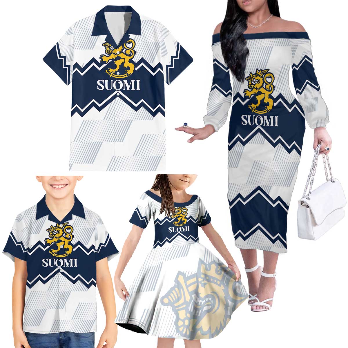 Suomi Ice Hockey Custom Family Matching Off The Shoulder Long Sleeve Dress and Hawaiian Shirt Scandinavian Mountains Inspired