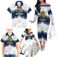 Suomi Ice Hockey Custom Family Matching Off The Shoulder Long Sleeve Dress and Hawaiian Shirt Scandinavian Mountains Inspired