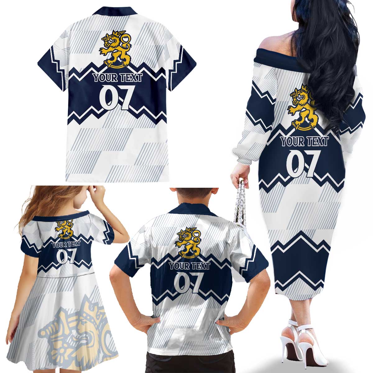 Suomi Ice Hockey Custom Family Matching Off The Shoulder Long Sleeve Dress and Hawaiian Shirt Scandinavian Mountains Inspired
