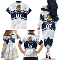 Suomi Ice Hockey Custom Family Matching Off The Shoulder Long Sleeve Dress and Hawaiian Shirt Scandinavian Mountains Inspired