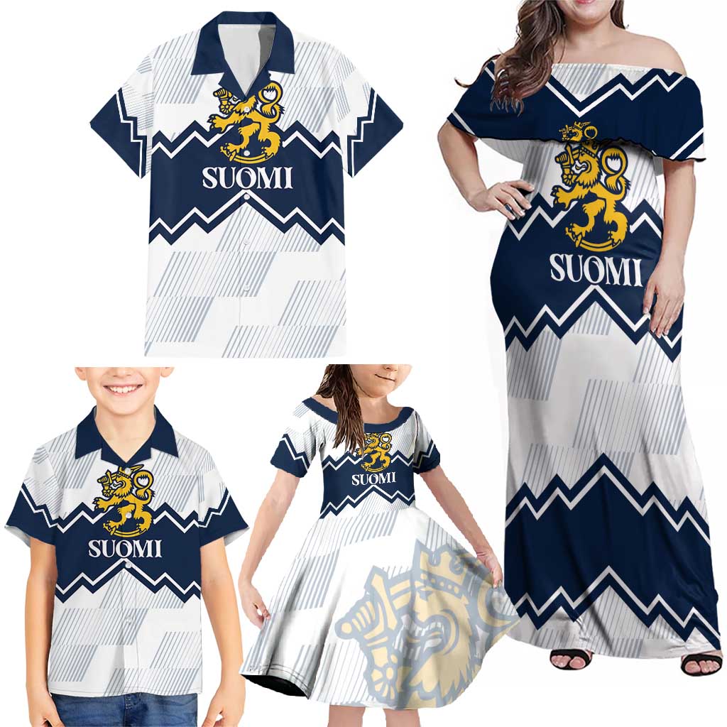 Suomi Ice Hockey Custom Family Matching Off Shoulder Maxi Dress and Hawaiian Shirt Scandinavian Mountains Inspired