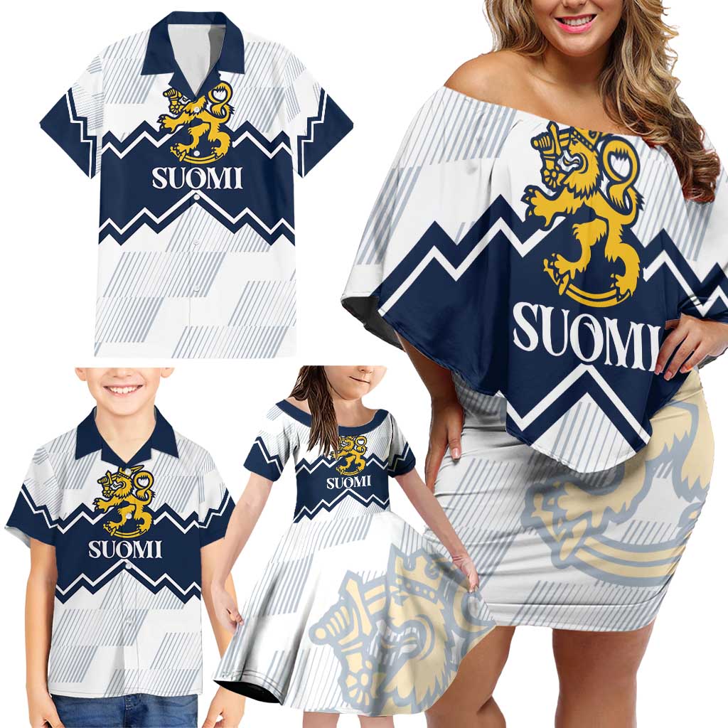 Suomi Ice Hockey Custom Family Matching Off Shoulder Short Dress and Hawaiian Shirt Scandinavian Mountains Inspired