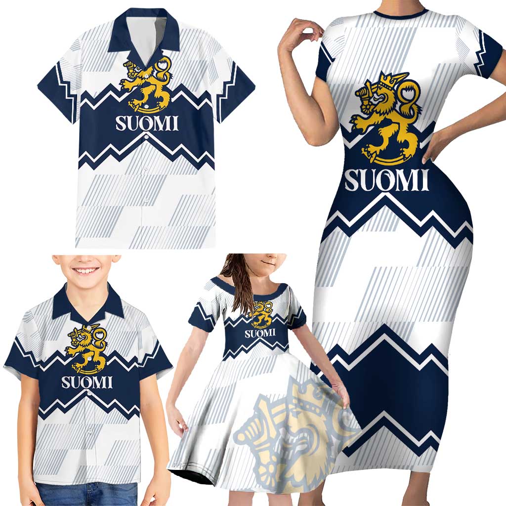 Suomi Ice Hockey Custom Family Matching Short Sleeve Bodycon Dress and Hawaiian Shirt Scandinavian Mountains Inspired