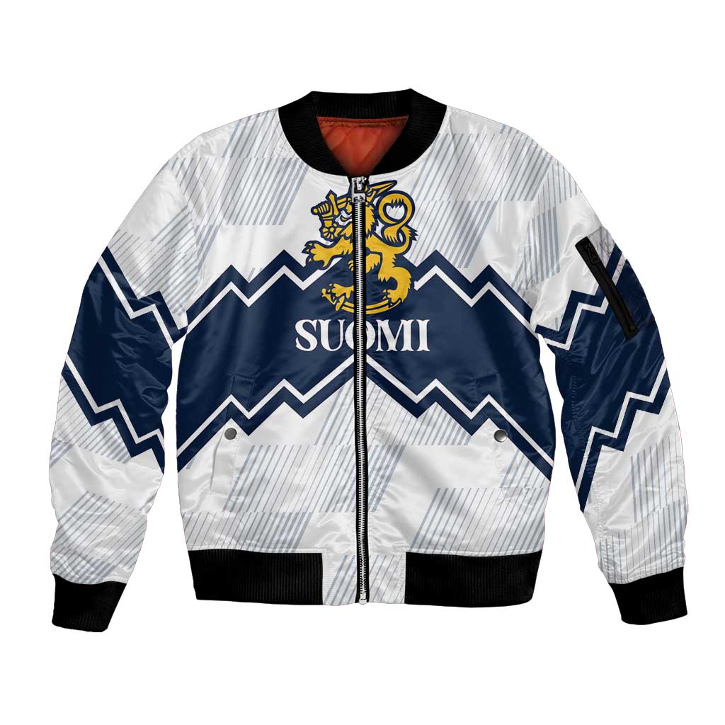 Suomi Ice Hockey Custom Sleeve Zip Bomber Jacket Scandinavian Mountains Inspired